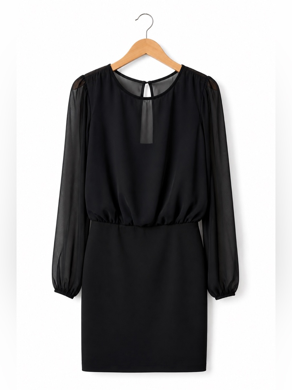 Banana Republic Black Long Sleeve Mini Dress Sheer Sleeves Keyhole Back Size 4